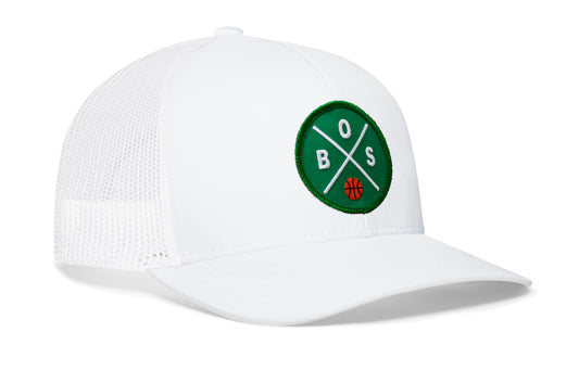 Boston Basketball Trucker Hat, black snapback showing Haka brandmark on left side of cap.