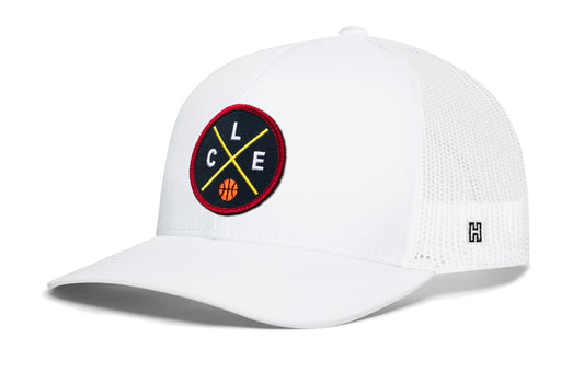 Cleveland trucker hat, white snapback showing Haka brandmark on left side mesh of cap.
Rep Cleveland, OH basketball.