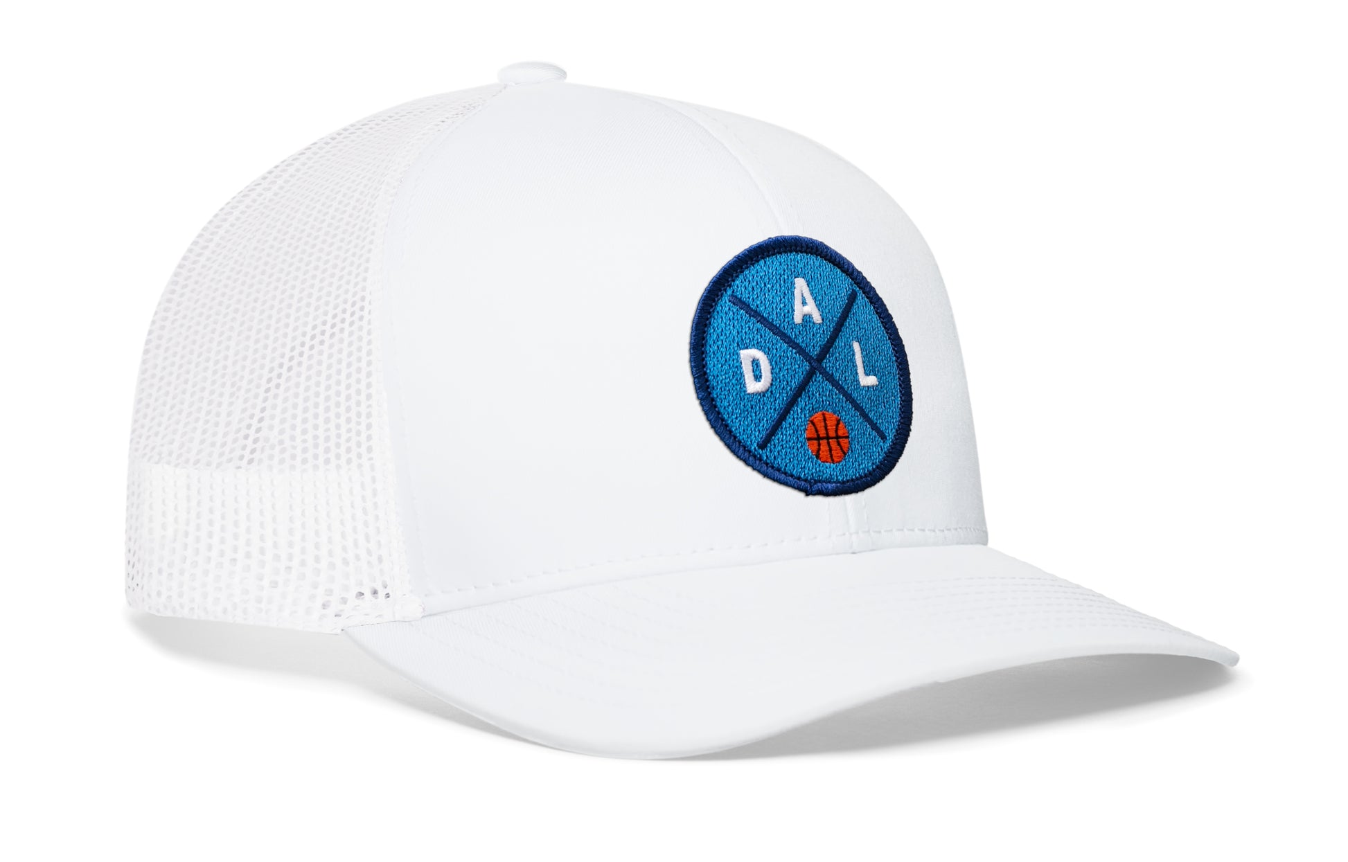 white trucker hat viewed from the right side, showcasing a navy and royal basketball embroidered X patch prominently displayed on the front