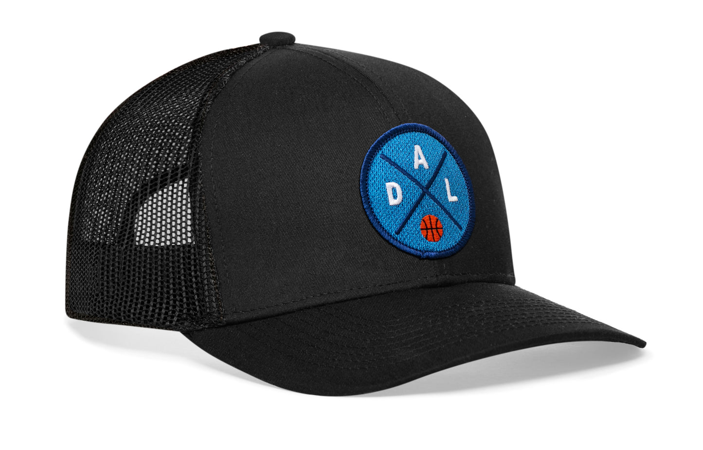 black trucker hat viewed from the right side, showcasing a navy and royal basketball embroidered X patch prominently displayed on the front
