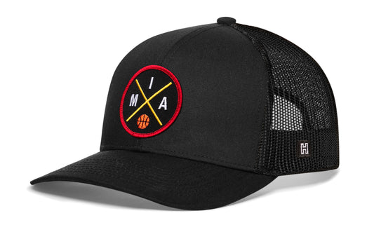 Miami Basketball Trucker Hat, black snapback showing Haka brandmark on left side of cap.