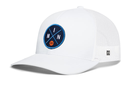 Minnesota Basketball Trucker Hat, white snapback showing Haka brandmark on left side of cap.