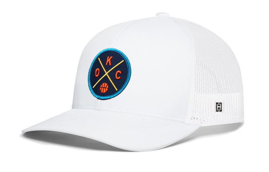 Oklahoma City Basketball Trucker Hat, white snapback showing Haka brandmark on left side of cap.