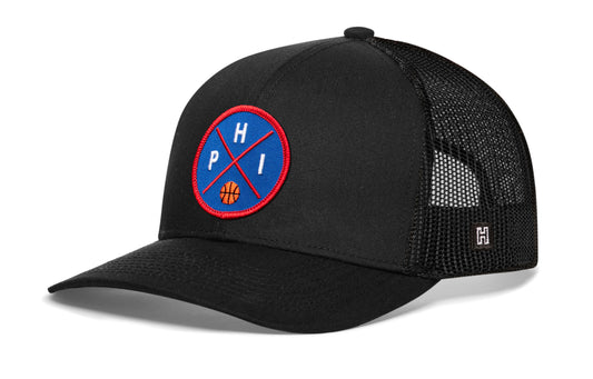 Philadelphia Basketball Trucker Hat, black snapback showing Haka brandmark on left side of cap.