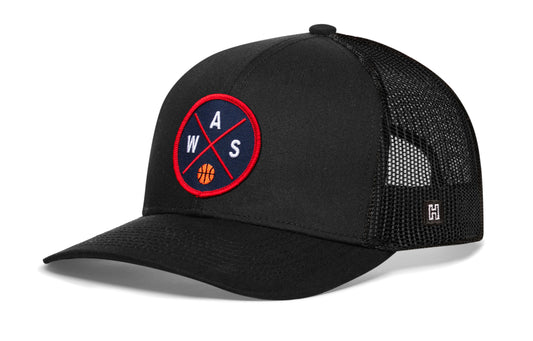 Washington DC Basketball Trucker Hat, black snapback showing Haka brandmark on left side of cap.