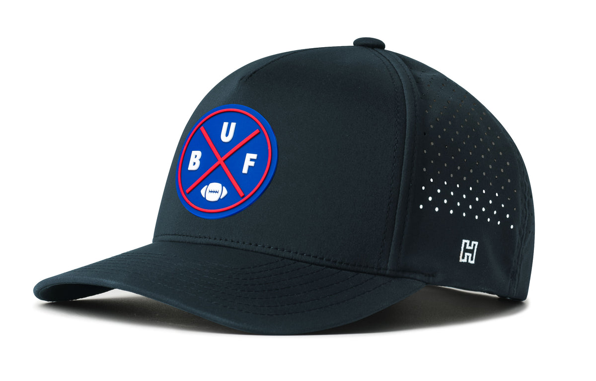 Buffalo Football Performance 5-Panel Hat, navy snapback showing Haka brandmark on left side of cap.