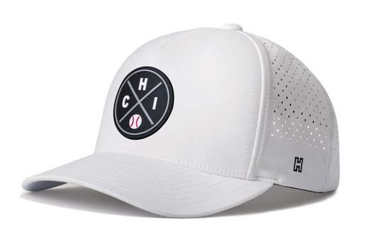 Chicago Baseball Performance 5-Panel Hat, white snapback showing Haka brandmark on left side of cap.
Chicago.