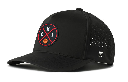 Chicago Basketball Performance 5-Panel Hat, black snapback showing Haka brandmark on left side of cap.
Chicago.