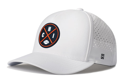 Chicago Football Performance 5-Panel Hat, white snapback showing Haka brandmark on left side of cap.
Rep Chicago.