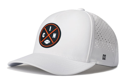 Cincinnati Football Performance 5-Panel Hat, white snapback showing Haka brandmark on left side of cap.
Rep Cincinnati.