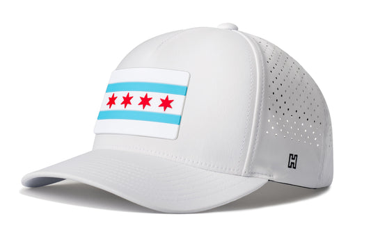 Chicago Flag Performance 5-Panel Hat, white snapback showing Haka brandmark on left side of cap.