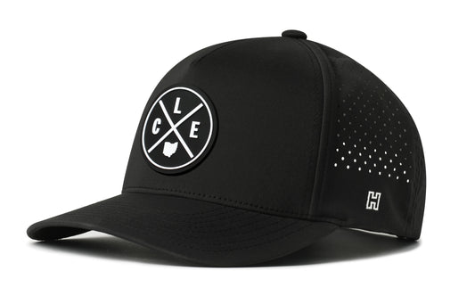 Cleveland Performance 5-Panel Hat, black snapback showing Haka brandmark on left side of cap.
Cleveland, OH.
