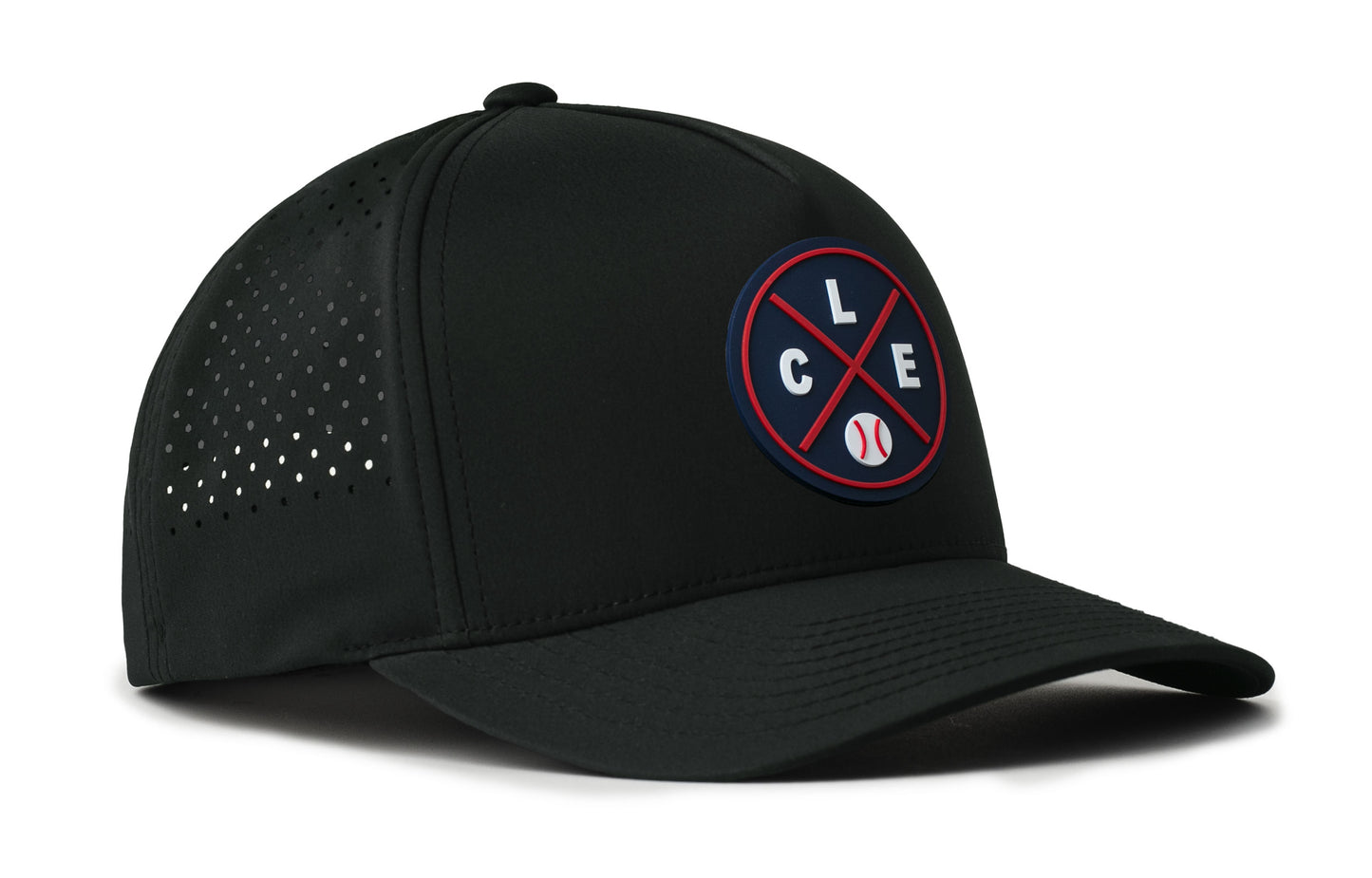 black performance 5-panel hat viewed from the right side, showcasing a bold navy and red pvc patch prominently displayed on the front