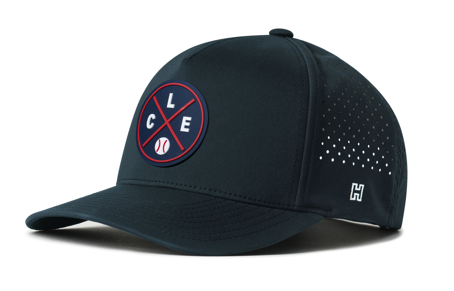 Cleveland Baseball Performance 5-Panel Hat, navy snapback showing Haka brandmark on left side of cap.
Cleveland.