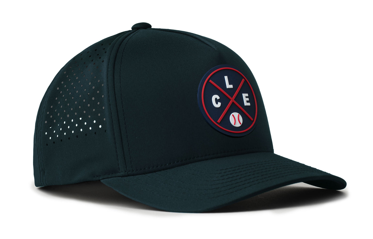 navy performance 5-panel hat viewed from the right side, showcasing a bold navy and red pvc patch prominently displayed on the front