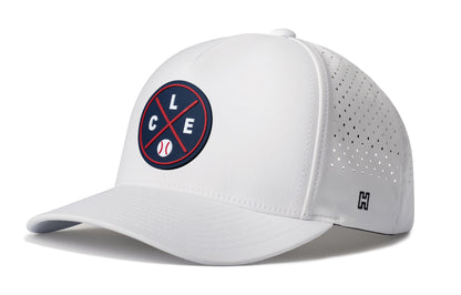 Cleveland Baseball Performance 5-Panel Hat, white snapback showing Haka brandmark on left side of cap.
Cleveland.
