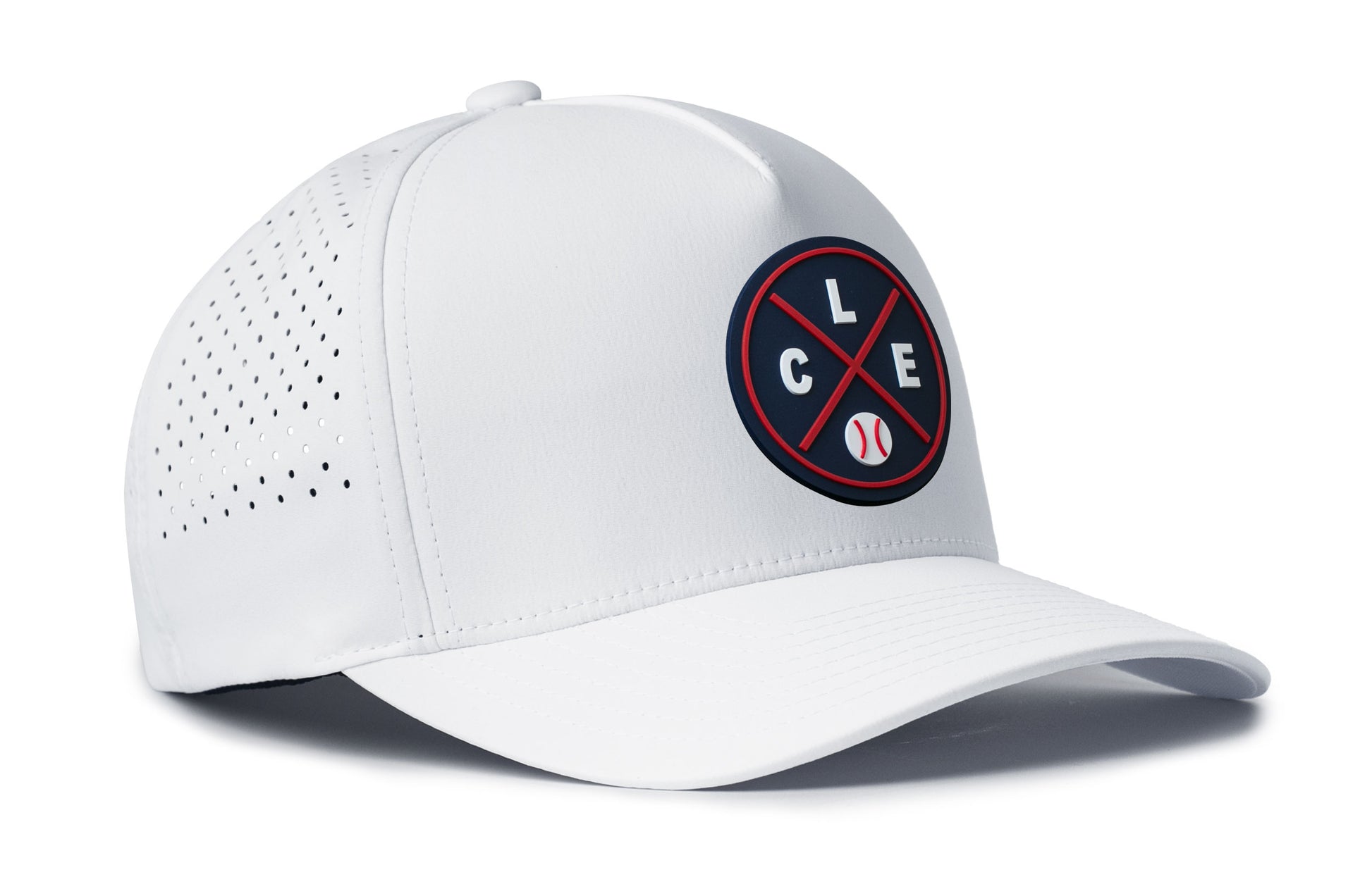 white performance 5-panel hat viewed from the right side, showcasing a bold navy and red pvc patch prominently displayed on the front