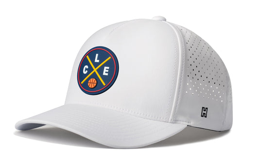 Cleveland Basketball Performance 5-Panel Hat, white snapback showing Haka brandmark on left side of cap.
Cleveland.