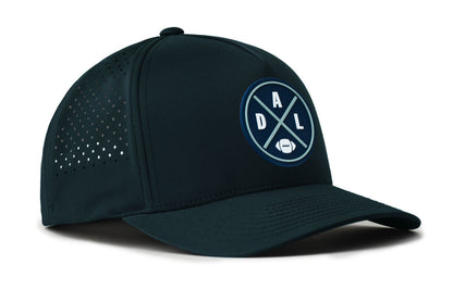 navy trucker hat viewed from the right side, showcasing a bold navy and gray pvc patch prominently displayed on the front