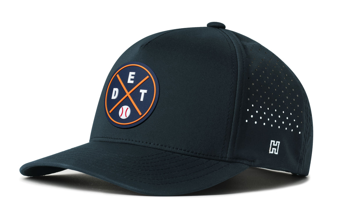 Detroit Baseball Performance 5-Panel Hat, navy snapback showing Haka brandmark on left side of cap.
