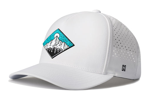 Diamond Mountain and Trees Performance 5-Panel Hat, white snapback showing Haka brandmark on left side of cap.