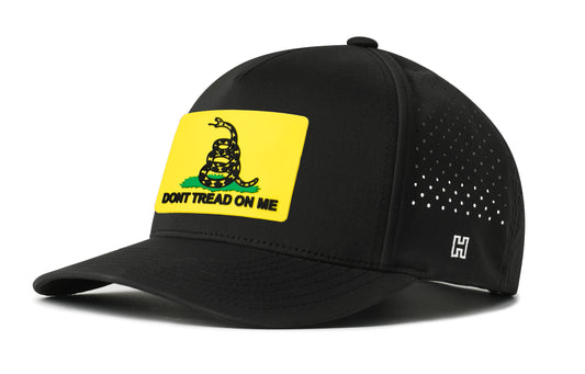 Dont Tread On Me 5-Panel Hat, black snapback showing Haka brandmark on left side of cap.