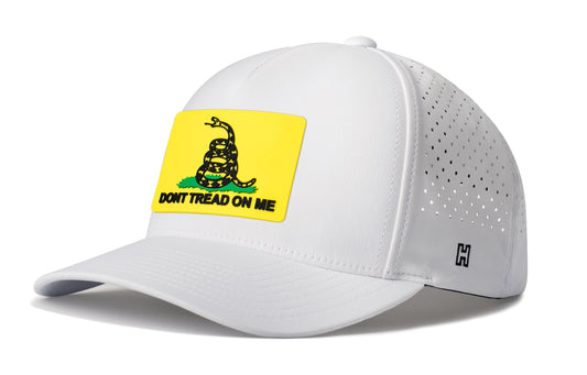 Dont Tread On Me 5-Panel Hat, white snapback showing Haka brandmark on left side of cap.
