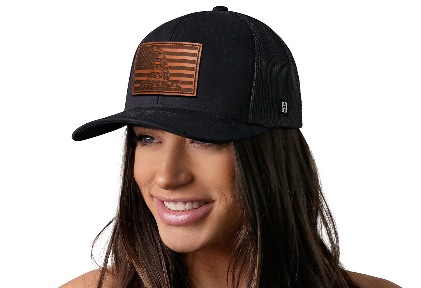 Dont Tread US Flag Trucker Hat Leather  |  Black USA Snapback