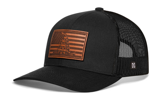 Dont Tread US Flag Trucker Hat Leather  |  Black USA Snapback