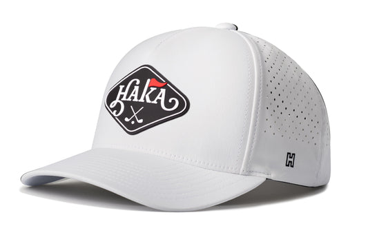 HAKA Golf Performance 5-Panel Hat, white snapback showing Haka brandmark on left side of cap.