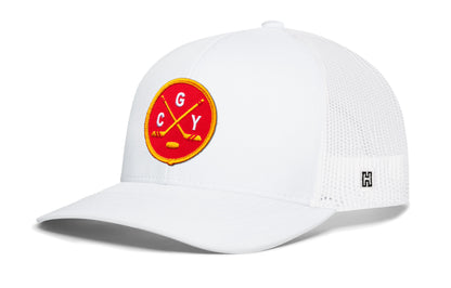 Calgary hockey trucker hat, white snapback showing Haka brandmark on left side mesh of cap.
Rep Calgary hockey.