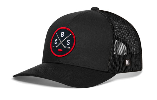 Columbus hockey trucker hat, black snapback showing Haka brandmark on left side mesh of cap.
Rep Columbus hockey.