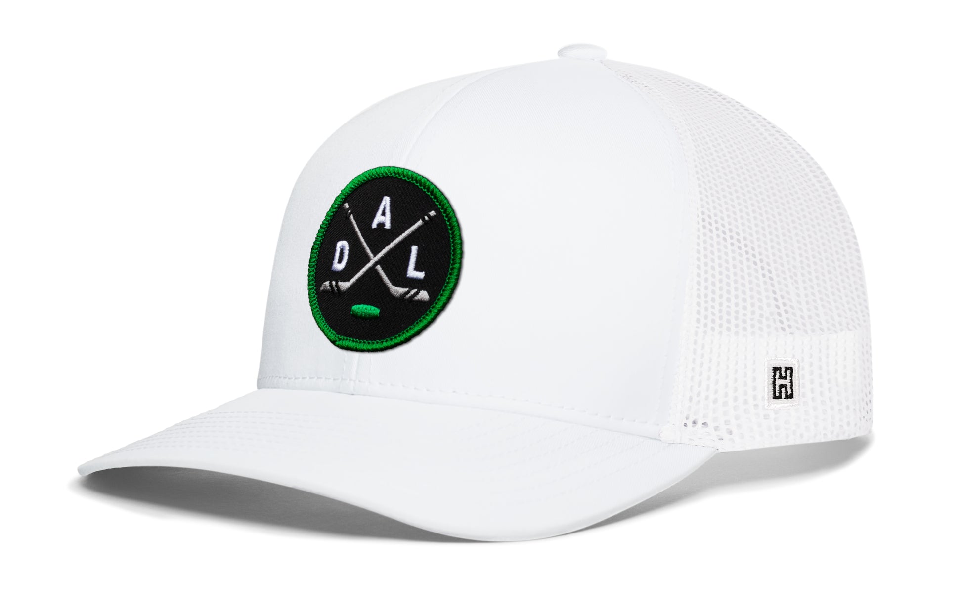 Dallas hockey trucker hat, white snapback showing Haka brandmark on left side mesh of cap.
Rep Dallas hockey.