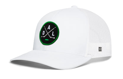 Dallas hockey trucker hat, white snapback showing Haka brandmark on left side mesh of cap.
Rep Dallas hockey.