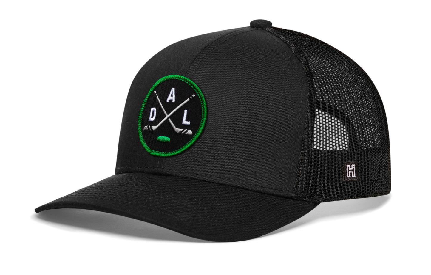 Dallas hockey trucker hat, black snapback showing Haka brandmark on left side mesh of cap.
Rep Dallas hockey.