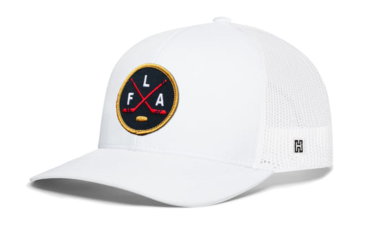 Florida Hockey Trucker Hat, white snapback showing Haka brandmark on left side of cap.