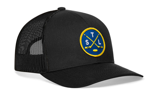St. Louis Hockey Trucker Hat, white snapback showing Haka brandmark on left side of cap.