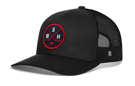 Washington DC Hockey Trucker Hat, black snapback showing Haka brandmark on left side of cap.