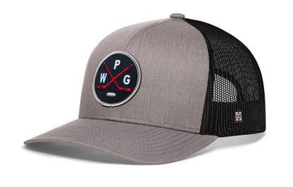 Winnipeg hockey trucker hat, gray-black snapback showing Haka brandmark on left side mesh.
Rep Winnipeg hockey.