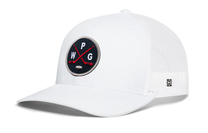 Winnipeg hockey trucker hat, white snapback showing Haka brandmark on left side mesh of cap.
Rep Winnipeg hockey.