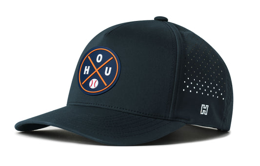 Houston Baseball Performance 5-Panel Hat, navy snapback showing Haka brandmark on left side of cap.
Houston.