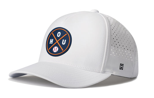 Houston Baseball Performance 5-Panel Hat, white snapback showing Haka brandmark on left side of cap.
Houston.