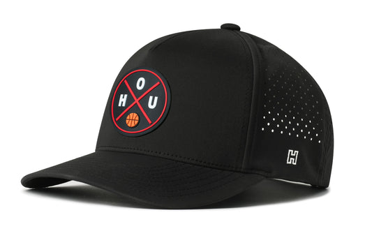 Houston Basketball Performance 5-Panel Hat, black snapback showing Haka brandmark on left side of cap.
Houston.
