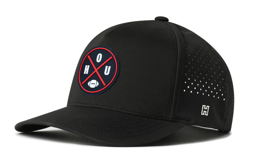 Houston Football Performance 5-Panel Hat, black snapback showing Haka brandmark on left side of cap.
Rep Houston.