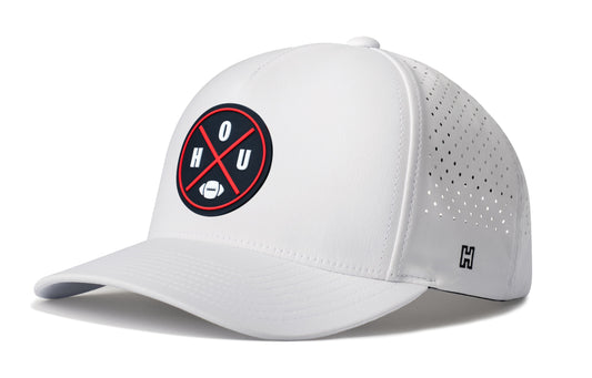 Houston Football Performance 5-Panel Hat, white snapback showing Haka brandmark on left side of cap.
Rep Houston.