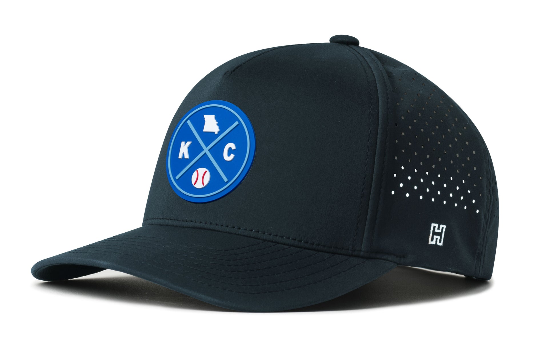 Kansas City Baseball Performance 5-Panel Hat, navy snapback showing Haka brandmark on left side of cap.
Kansas City.