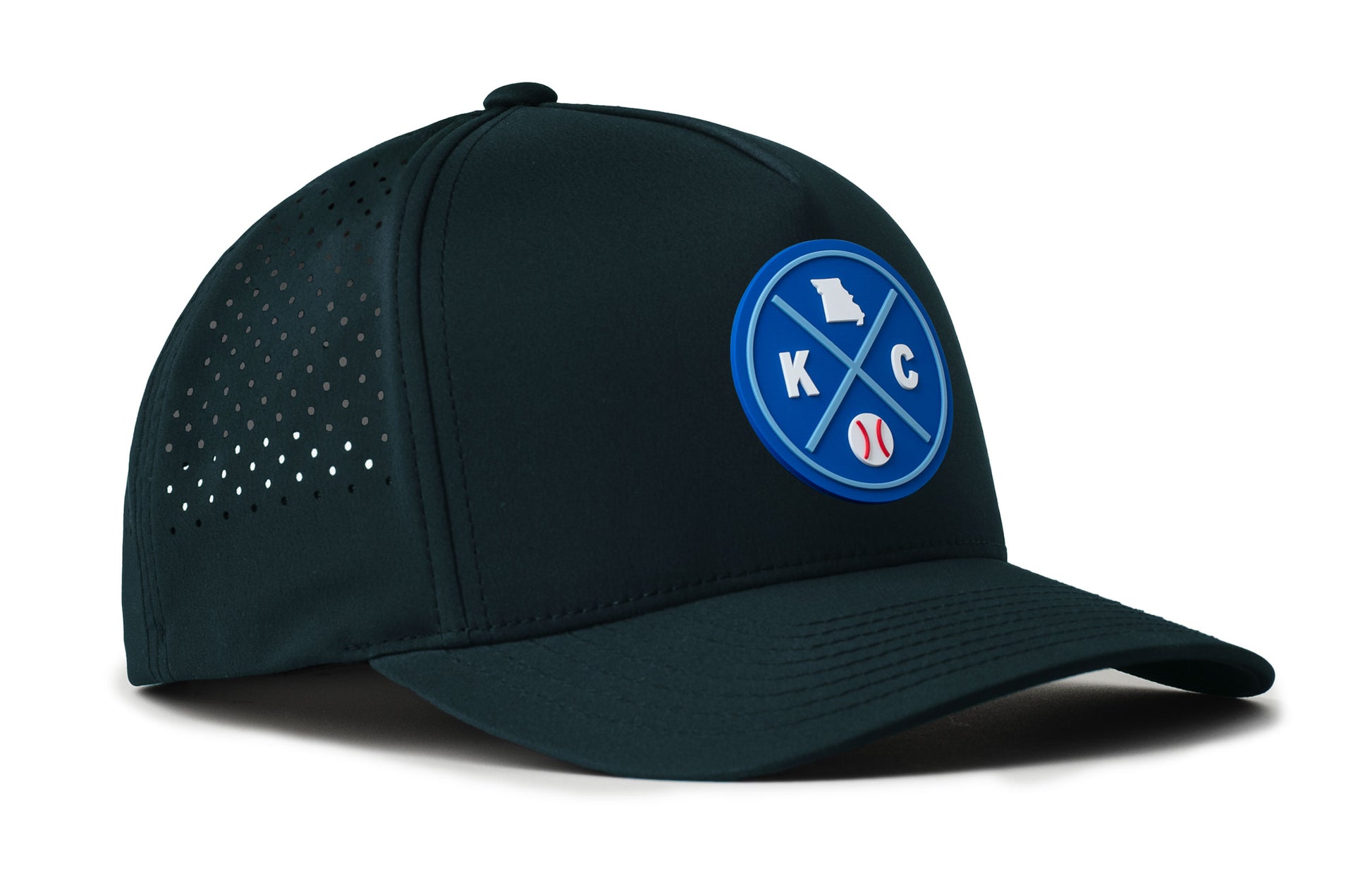 navy performance 5-panel hat viewed from the right side, showcasing a bold royal and columbia blue pvc patch prominently displayed on the front