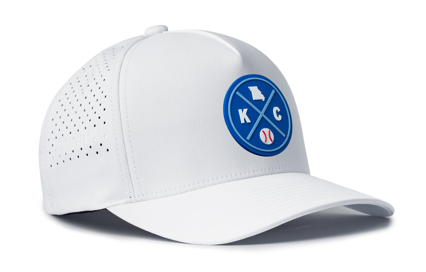 white performance 5-panel hat viewed from the right side, showcasing a bold royal and columbia blue pvc patch prominently displayed on the front