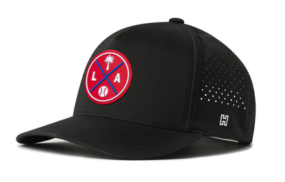 Los Angeles Baseball Performance 5-Panel Hat, black snapback showing Haka brandmark on left side of cap.
Los Angeles.