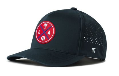 Los Angeles Baseball Performance 5-Panel Hat, navy snapback showing Haka brandmark on left side of cap.
Los Angeles.